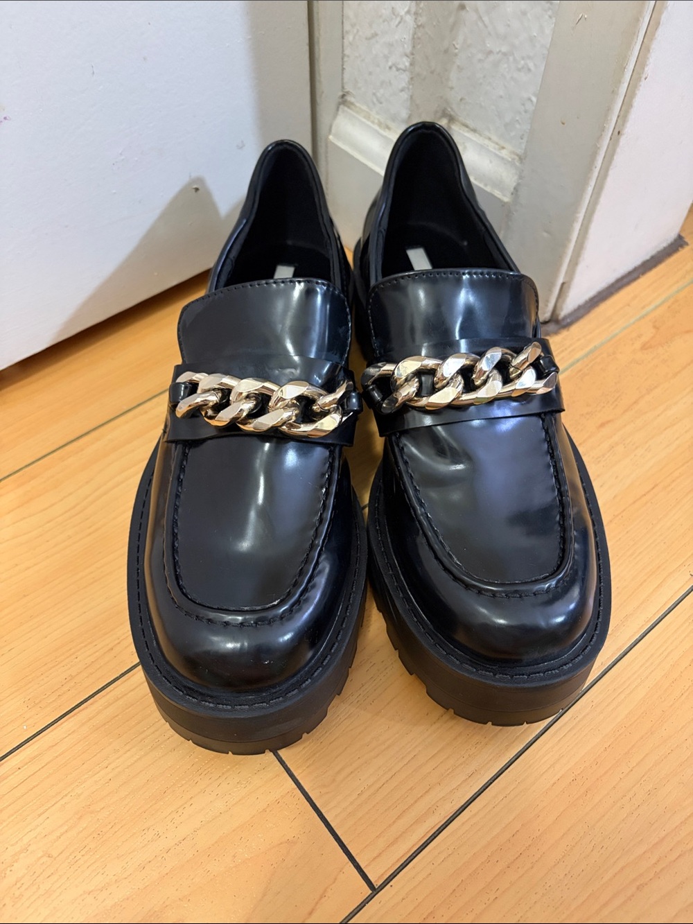 Black Patent Chain-Trim Loafers